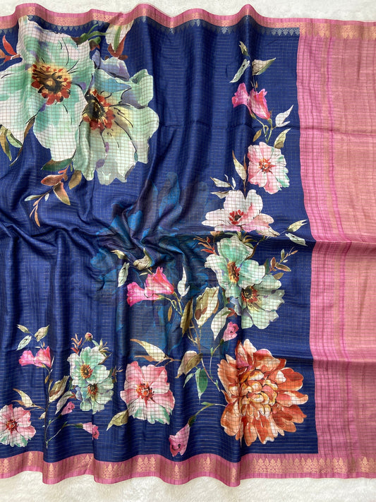 Nayantara Navy-Pink Floral Print Soft Tussar Silk Saree