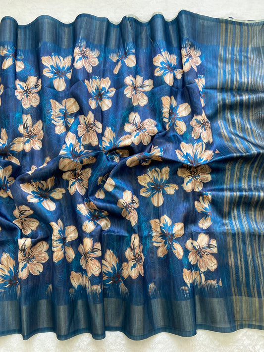 Marvelous Royal Blue Floral Prints Soft Tussar Silk Saree with Tassel Pallu
