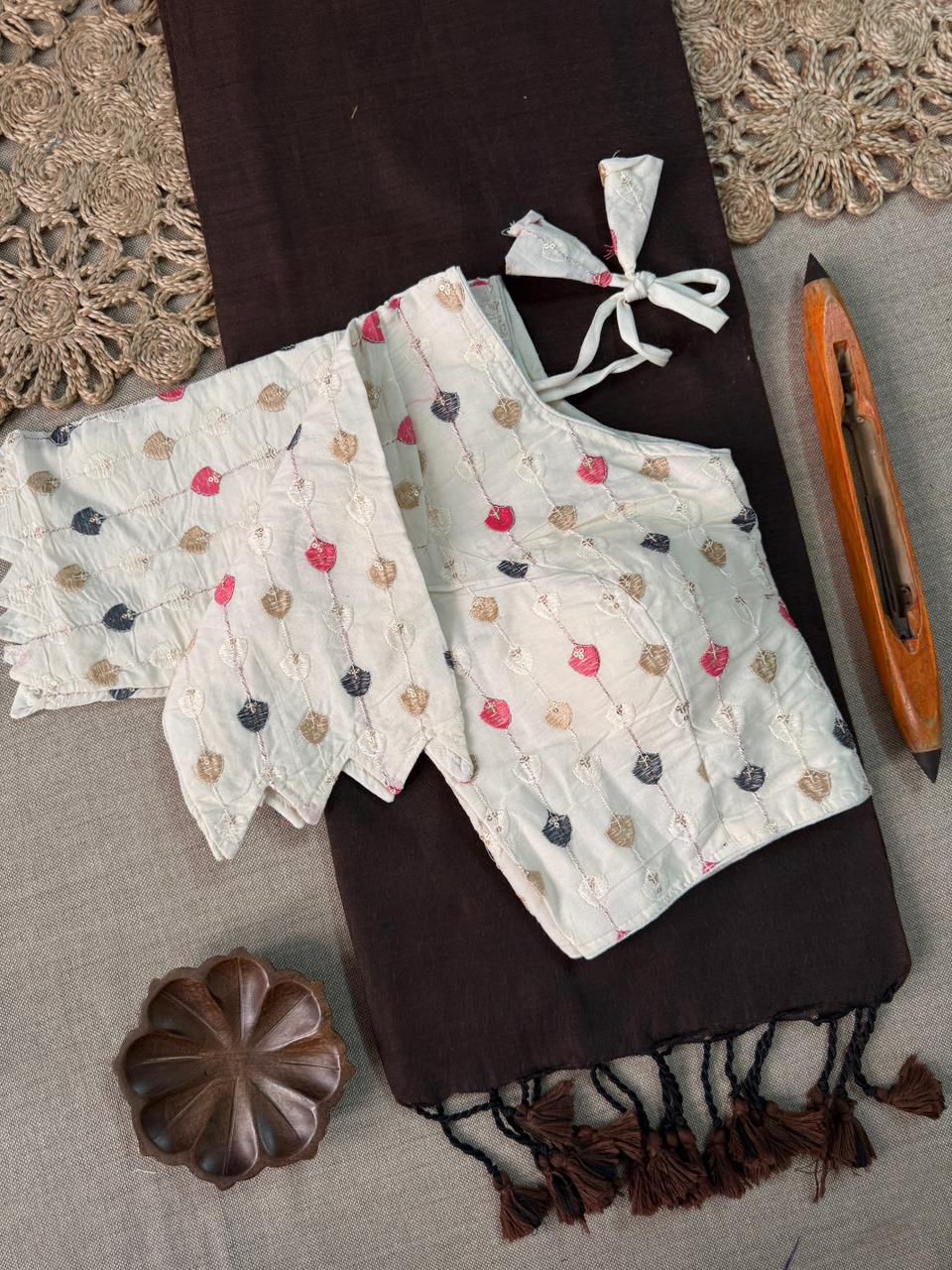 Dharma Exclusive - Brown Handloom Cotton Saree With Havy Embroidery Stitched Blouse