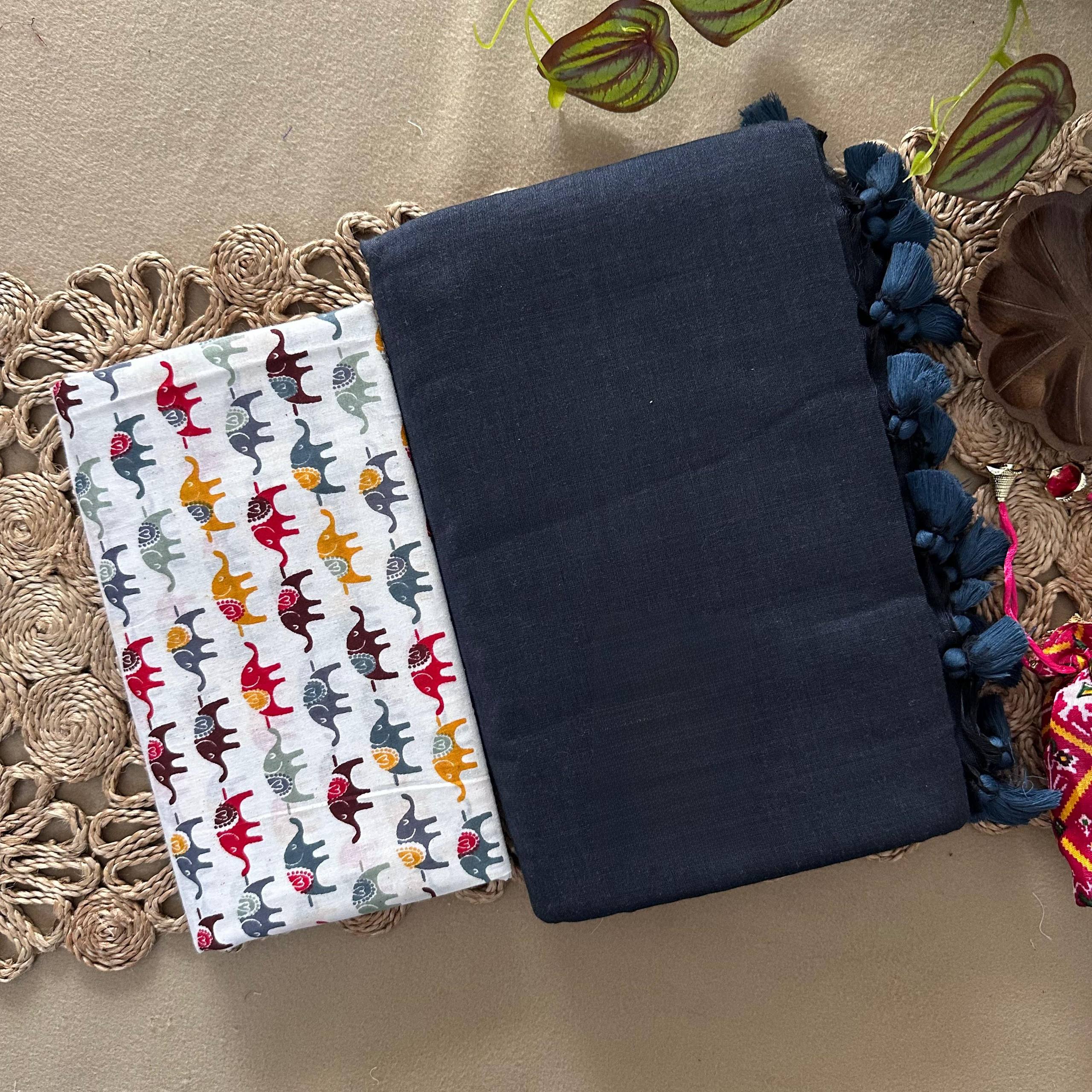 Dharma Exclusive - Dark Blue Handloom Cotton Saree With Traditional Printed Blouse