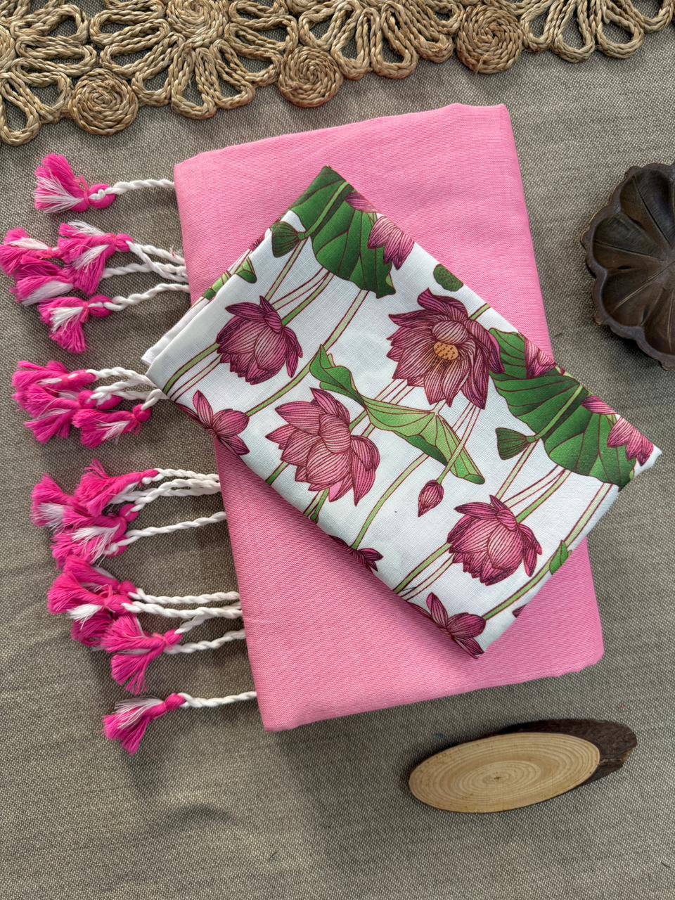 Dharma Exclusive - Pink Handloom Cotton Saree With Printed Blouse