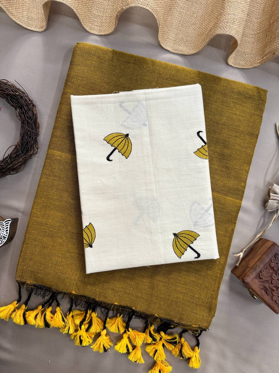 Yellow Handloom Cotton Saree With Trandy Embroidery Blouse