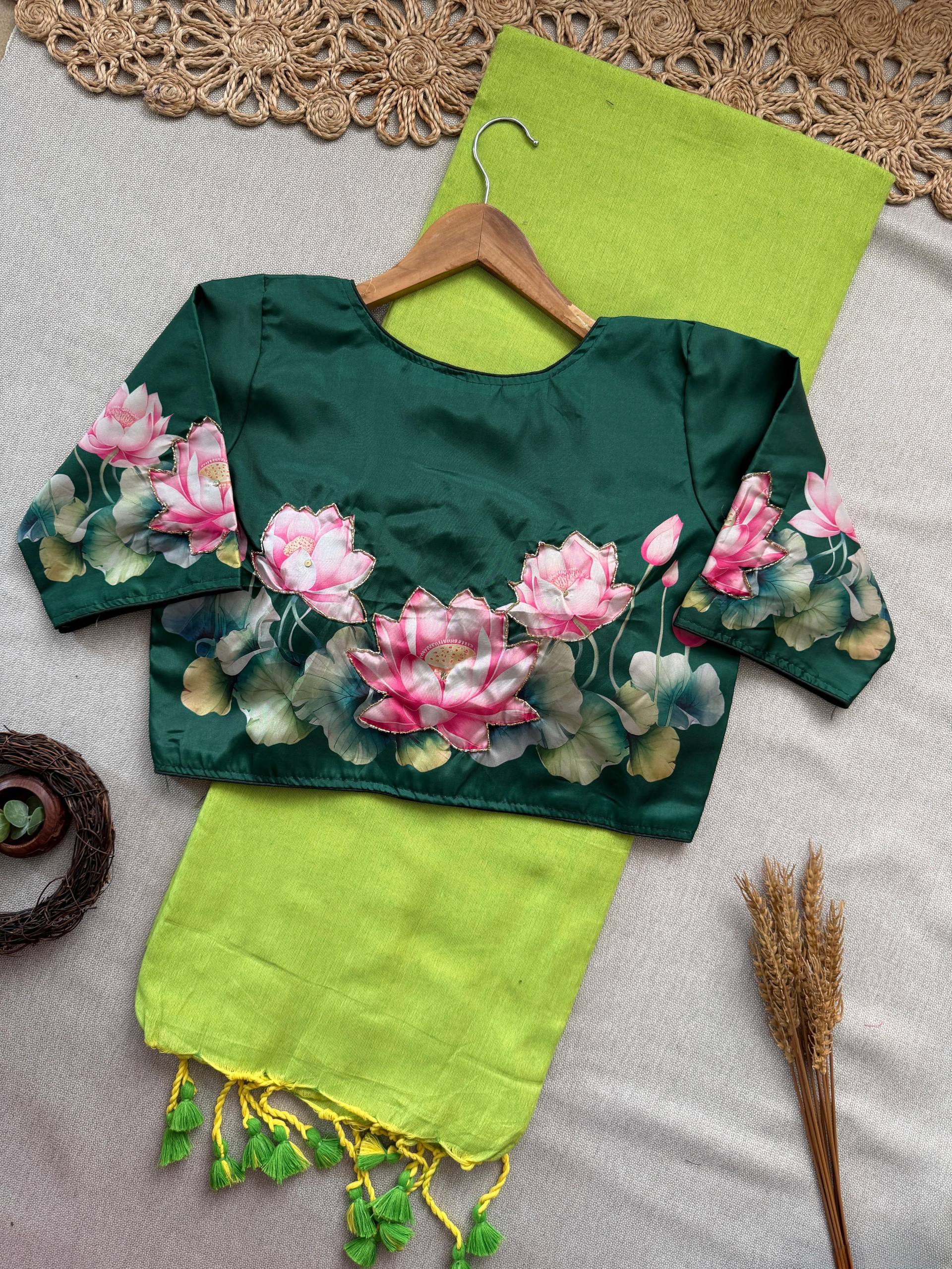 Butter Scotch - Parrot Handloom Cotton Saree With Havy Handwork Stitched Blouse