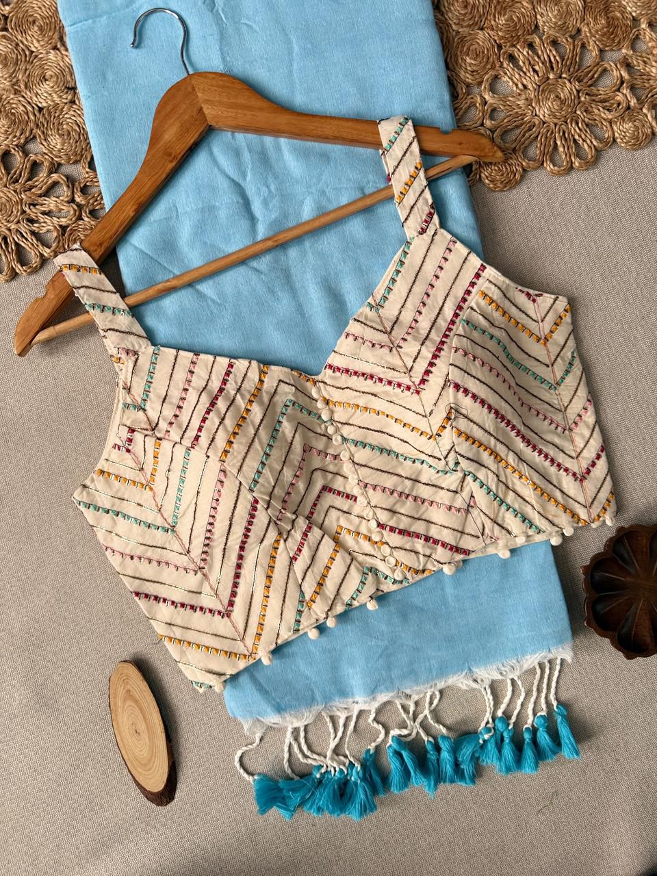 Dharma Exclusive - Sky Handloom Cotton Saree With Havy Embroidery Stitched Blousey