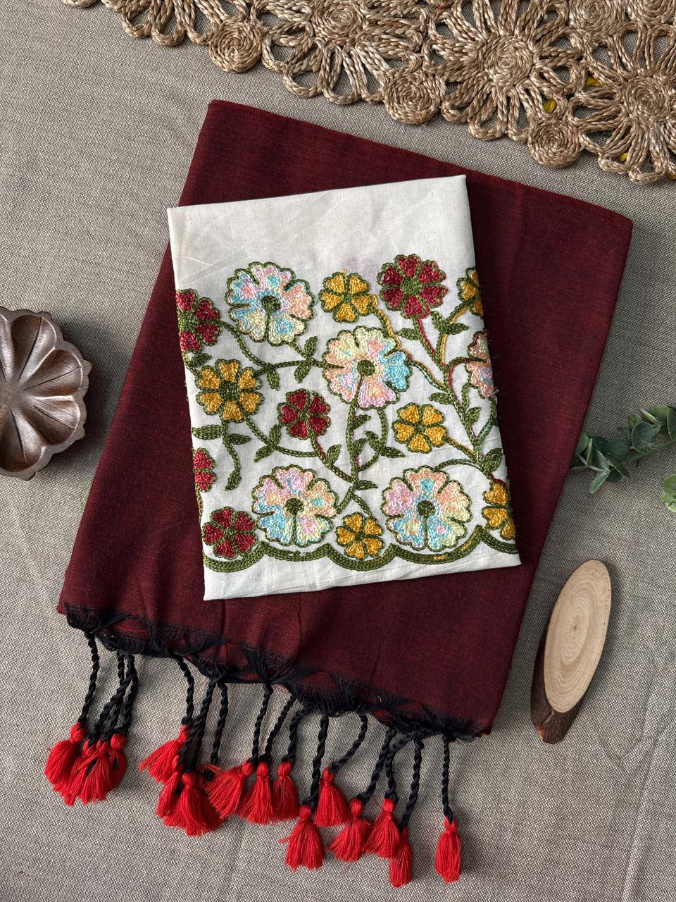 Maroon Handloom Cotton Saree With Havy Embroidery Blouse