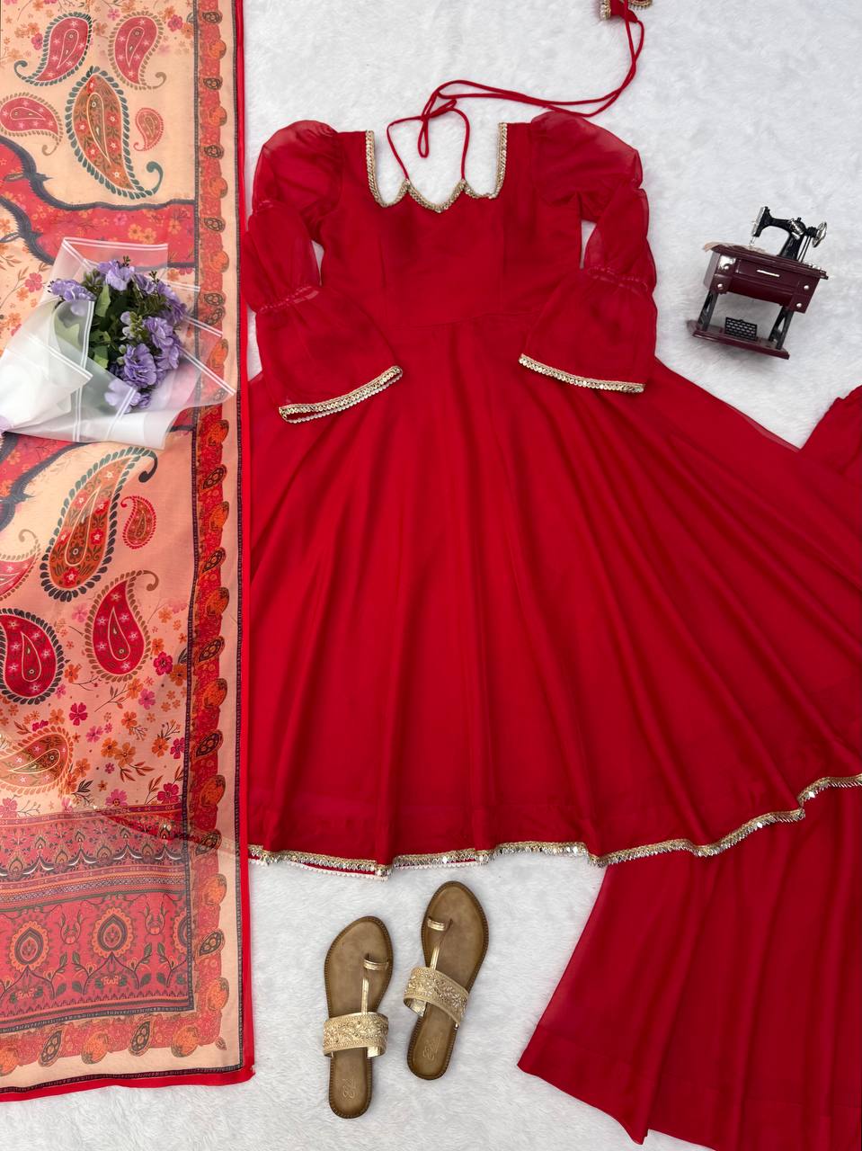 Premium Red Tabby Silk Anarkali Suit With Printed Dupatta