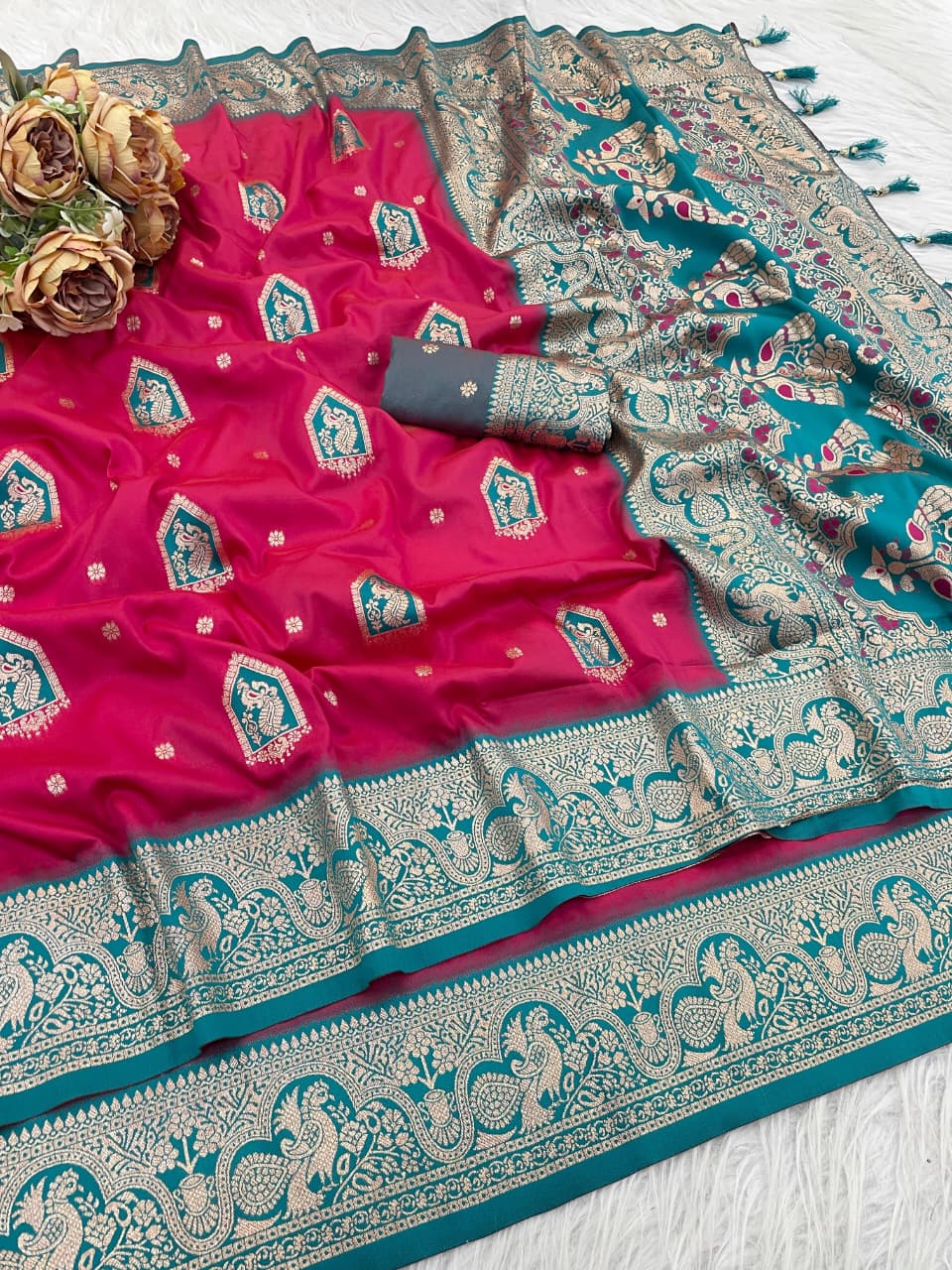 Royal Bright Pink Silk Saree with Peacock Green Pallu