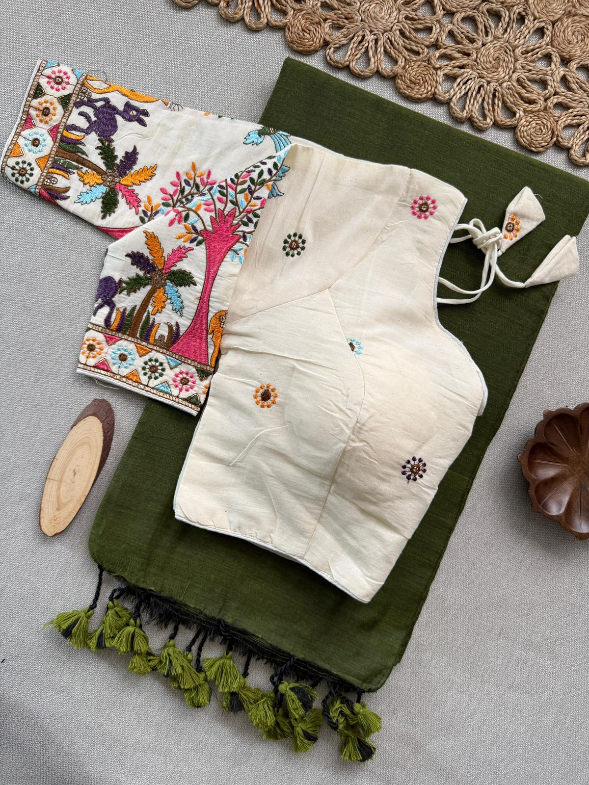 Dharma Exclusive - Green Handloom Cotton Saree With Havy Embroidery Stitched Blouse