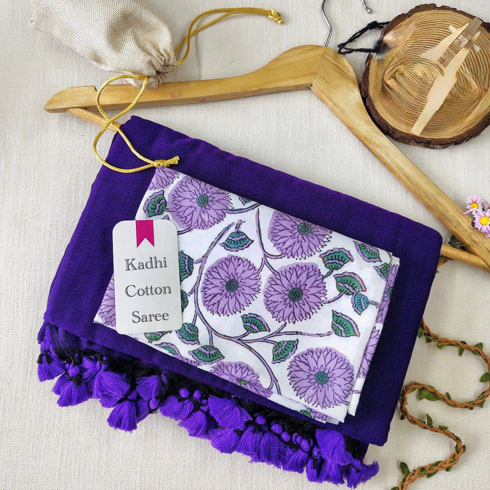 Dharma Exclusive - Navy Blue Handloom Cotton Saree With Traditional Printed Blouse