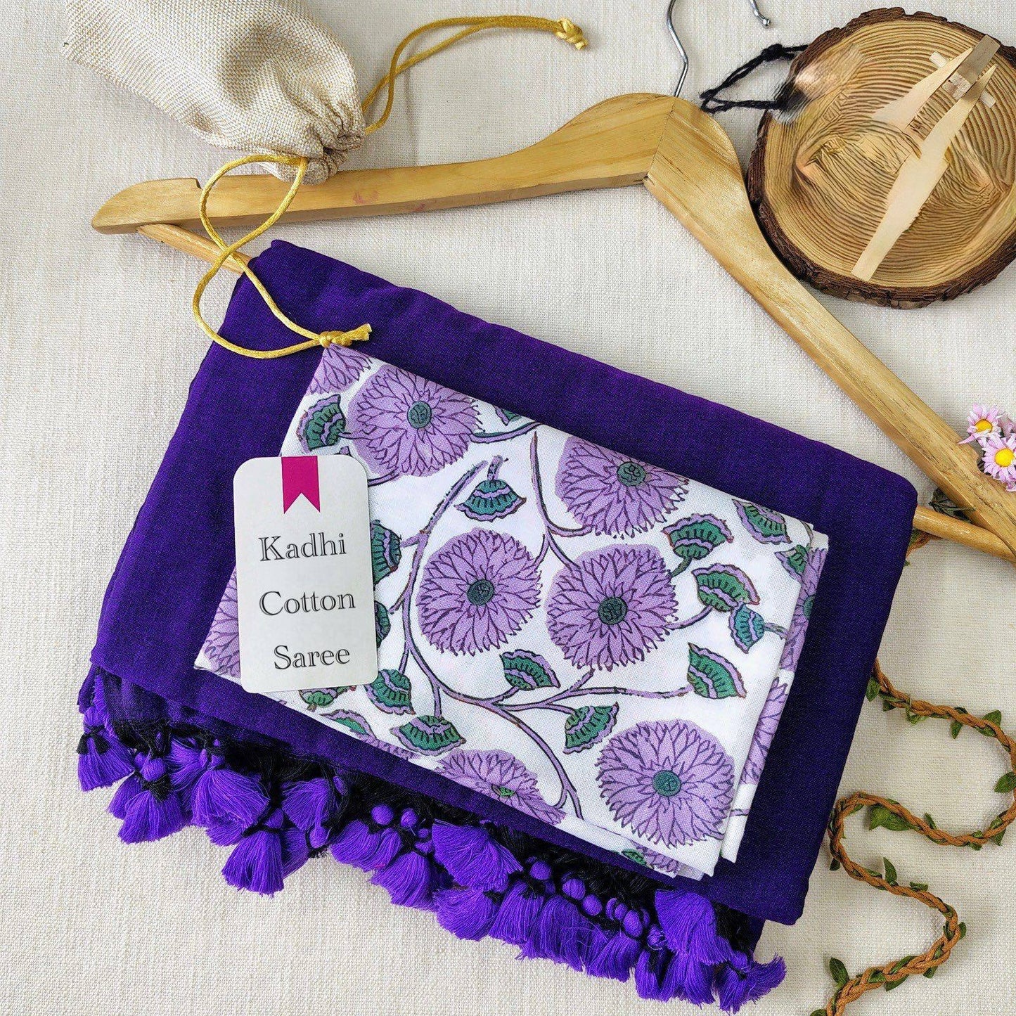 Dharma Exclusive - Navy Blue Handloom Cotton Saree With Traditional Printed Blouse