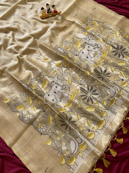 Ishani Beige Gold 3D Woven Soft Muga Cotton Paithani Saree
