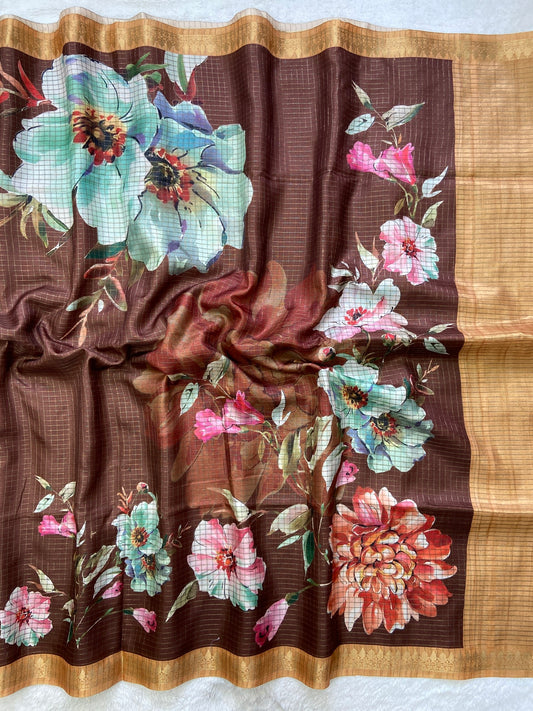 Mridula Coffee-Gold Floral Print Soft Tussar Silk Saree