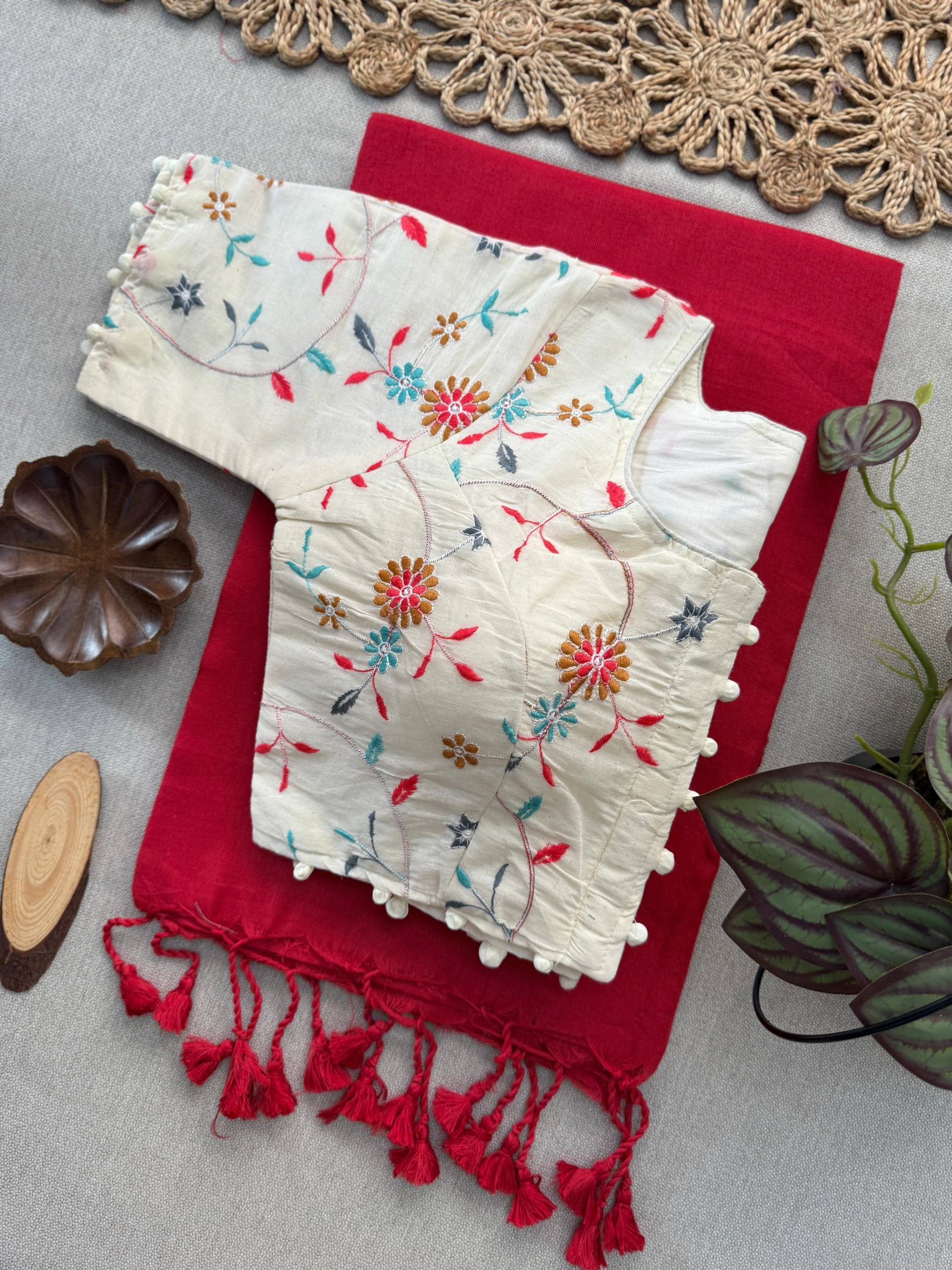 Awsome - Red Handloom Cotton Saree With Havy Embroidery Stitched Blouse