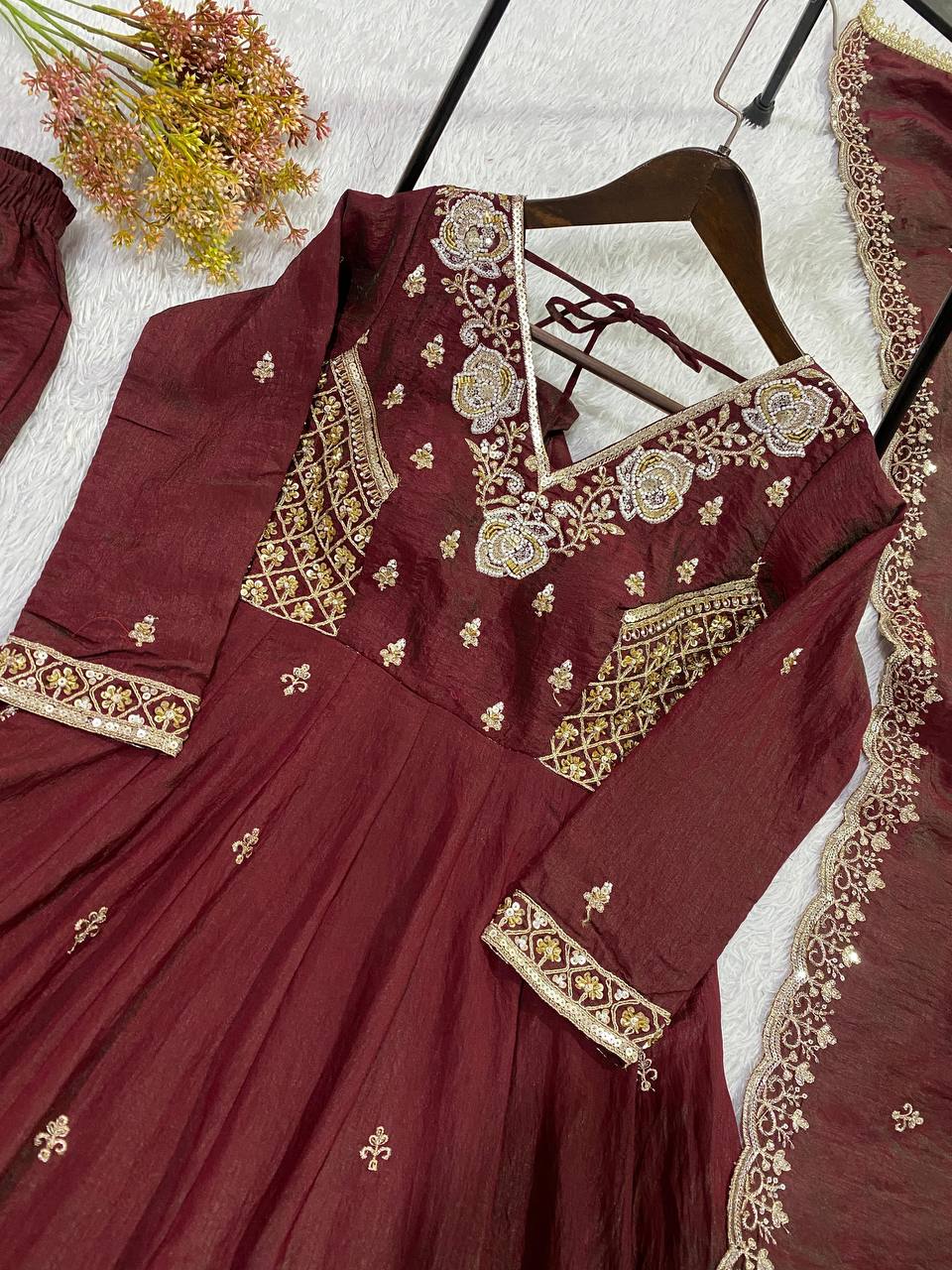 New Designer Vichitra Silk Embroidered Anarkali Suit Set