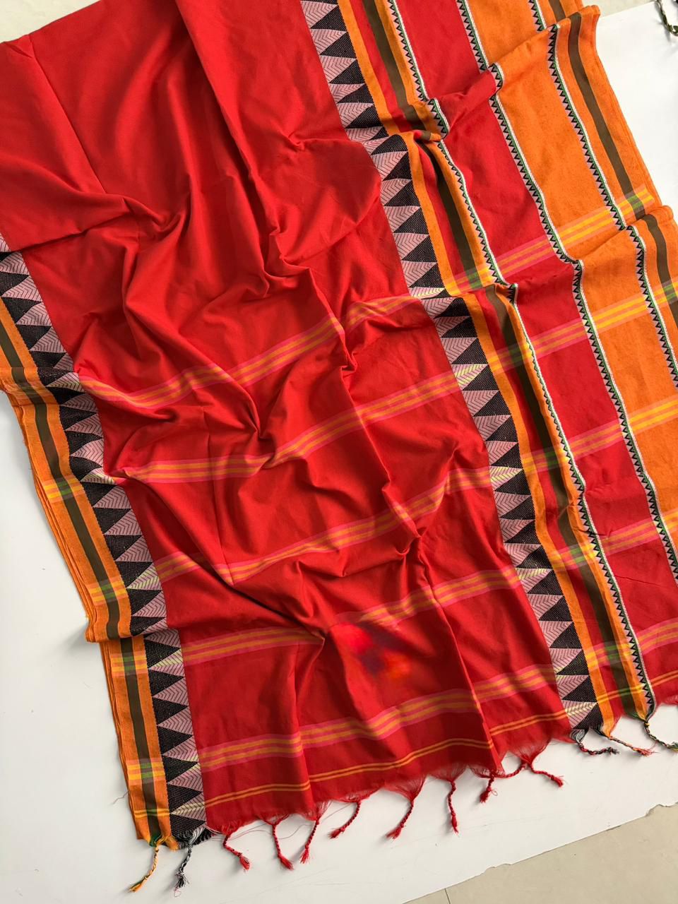 Red Handloom Narayanpet Pure Cotton Saree With Blouse
