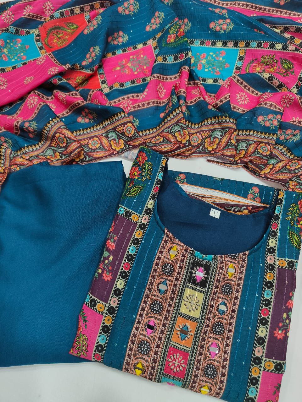 Premium Royal Multi Printed Muslin Suit Set with Embroidered Yoke