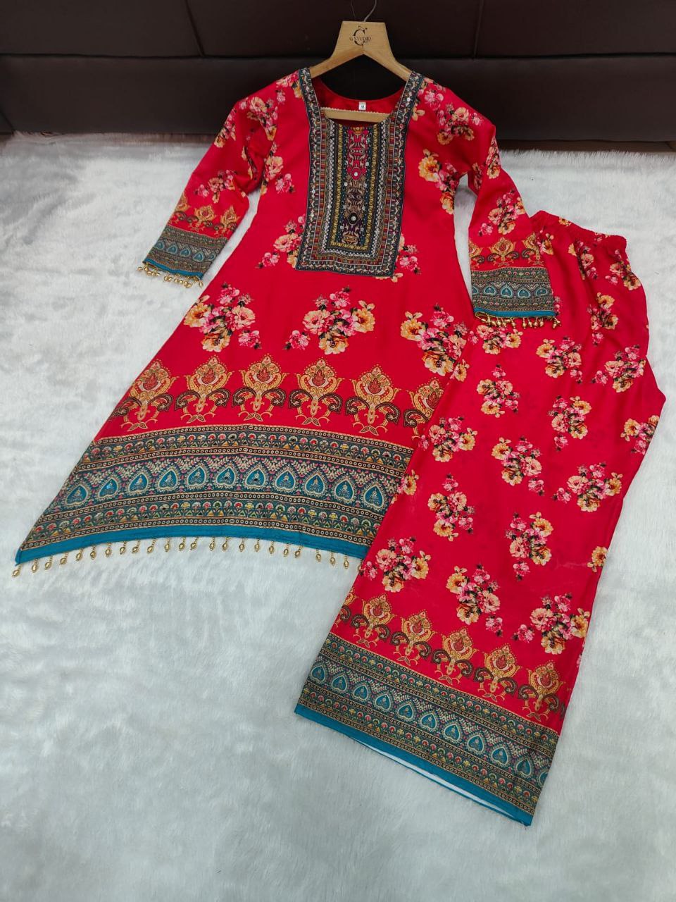 Exclusive Designer Red Malai Satin Co-Ord Set With Fancy Mirror Work