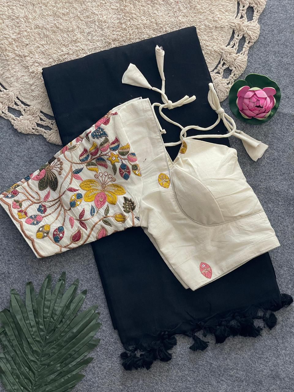 Dharma Exclusive - Black Handloom Cotton Saree With Havy Embroidery Stitched Blouse