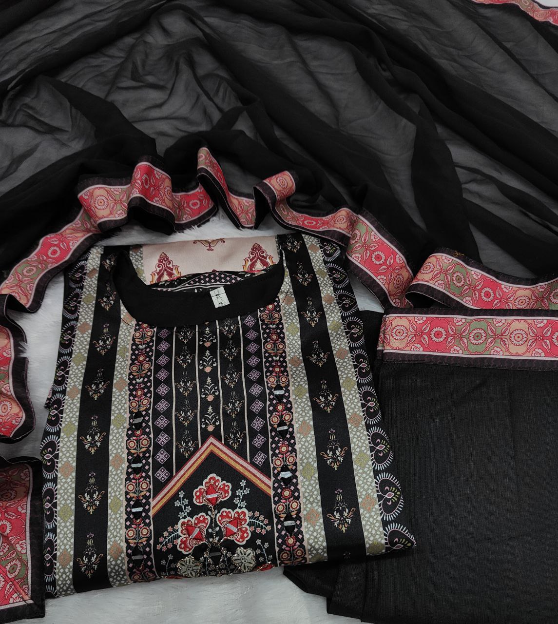 Elegant Black & Beige Printed Model Satin Suit Set with Fancy Mirror Work
