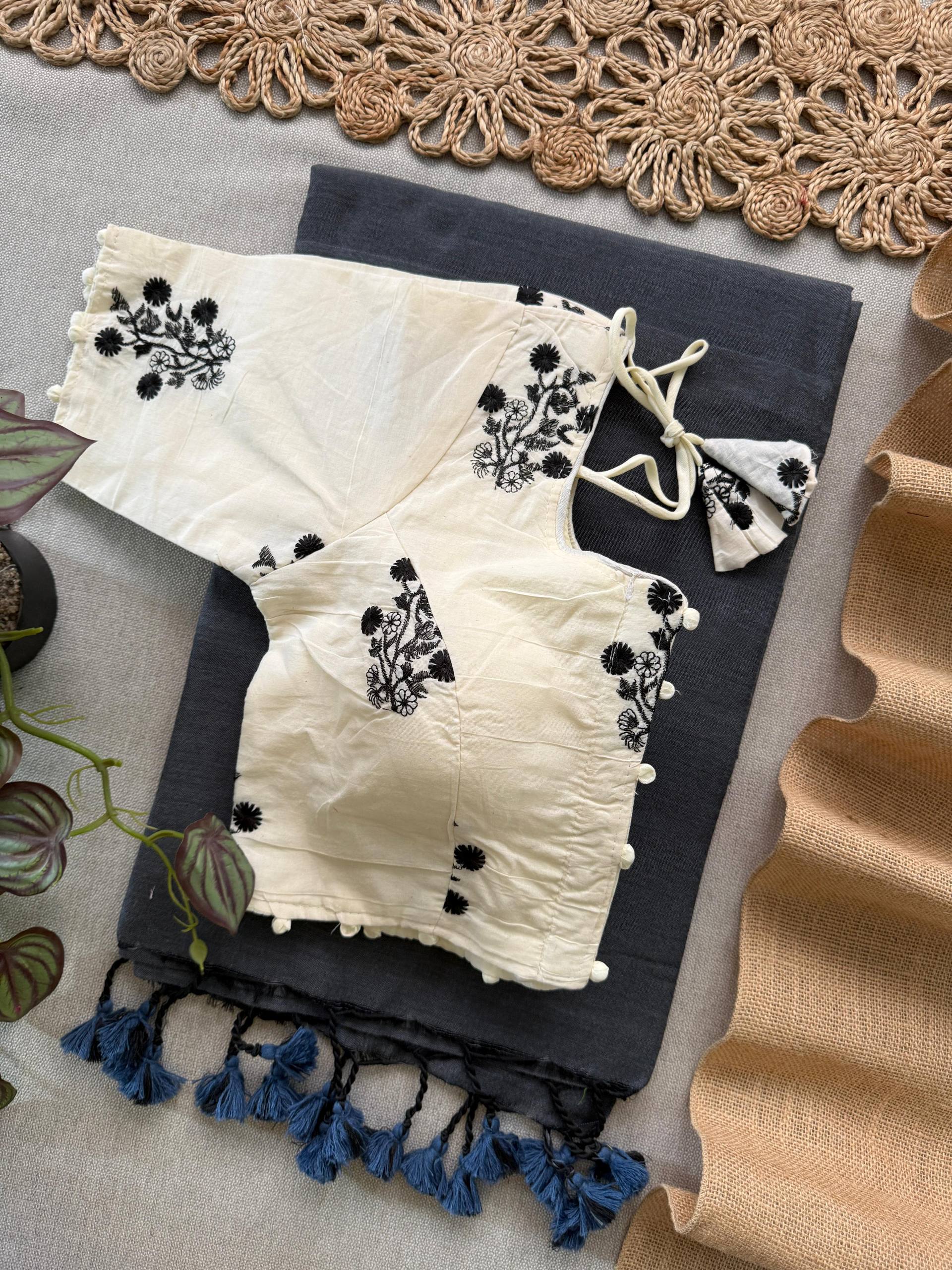 Magic - Gray Handloom Cotton Saree With Havy Embroidery Stitched Blouse