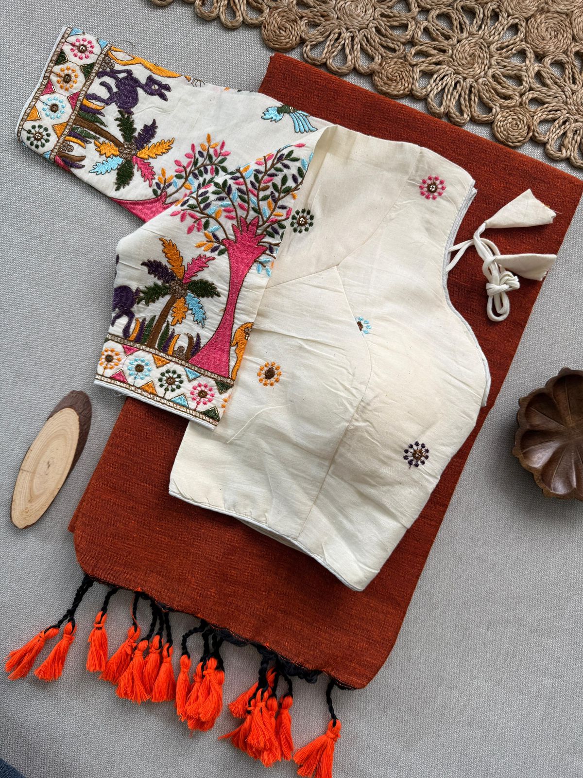 Dharma Exclusive - Orange Handloom Cotton Saree With Havy Embroidery Stitched Blouse