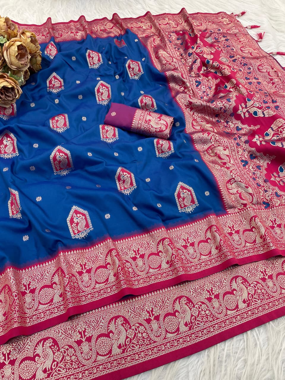 Classic Royal Blue Silk Saree with Pink Contrast Border
