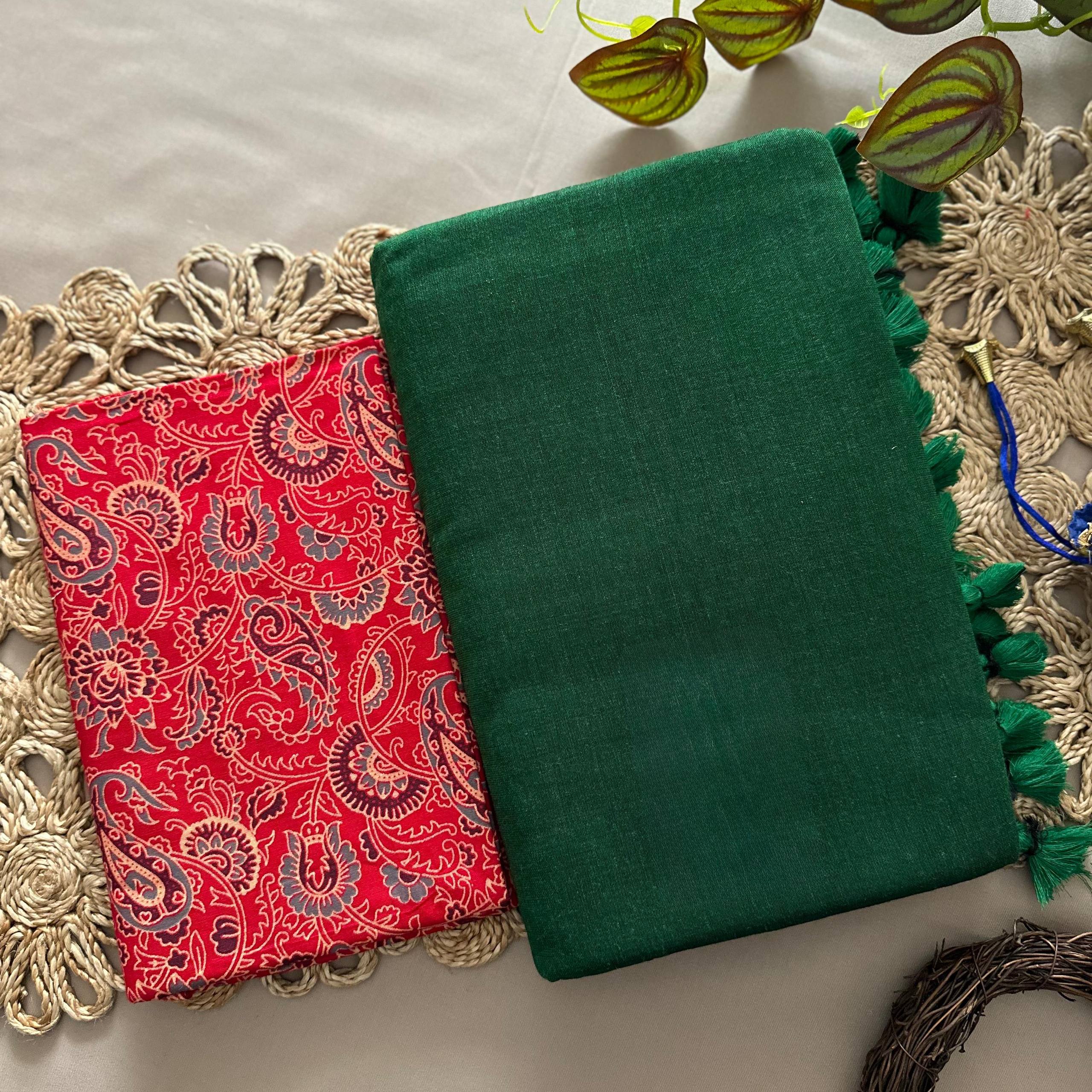 Dharma Exclusive - Green Handloom Cotton Saree With Traditional Printed Blouse