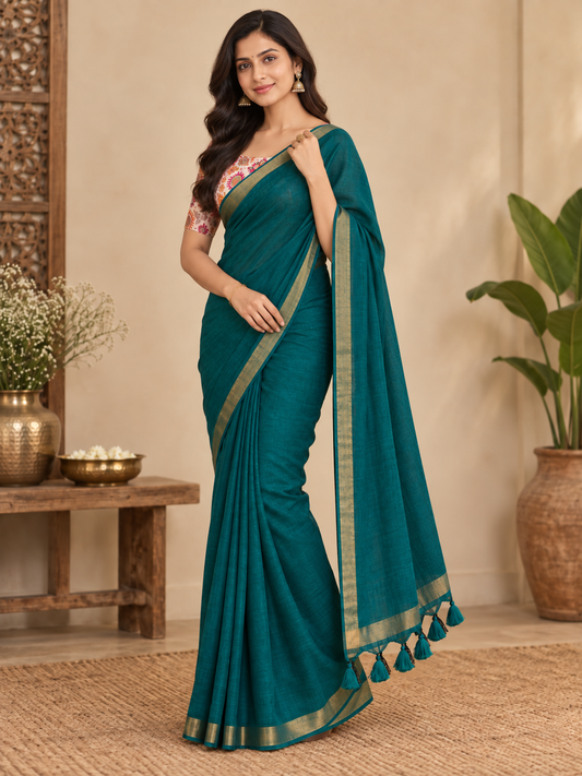 Emerald Peacock Teal Handloom Cotton Saree