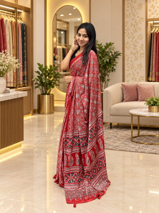 Attractive Red Ajrakh Printed Japan Silk Saree with Elegant Pallu
