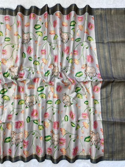 Myra - Silver Grey Pichwai Print Soft Tussar Silk Saree