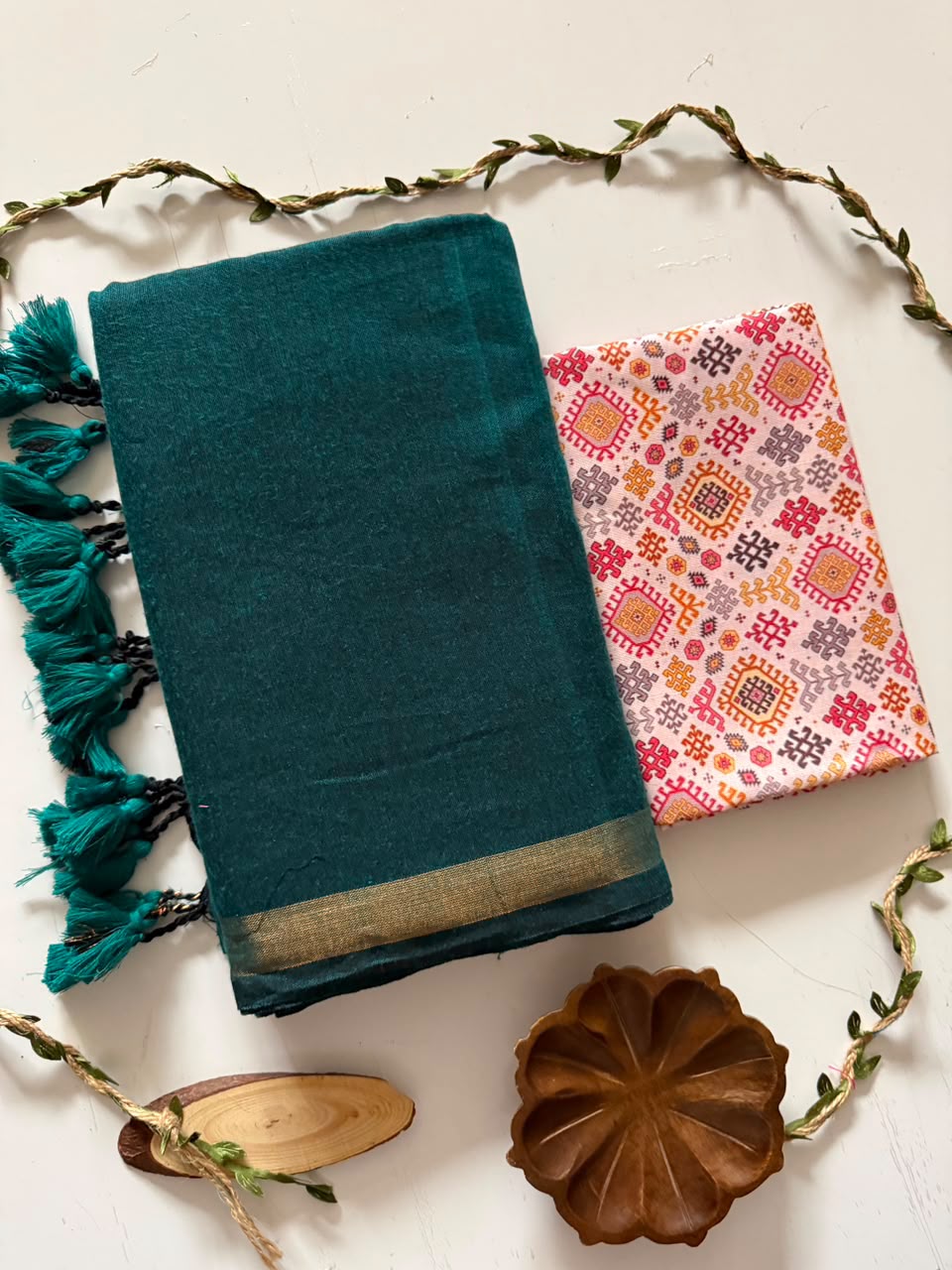 Emerald Peacock Teal Handloom Cotton Saree