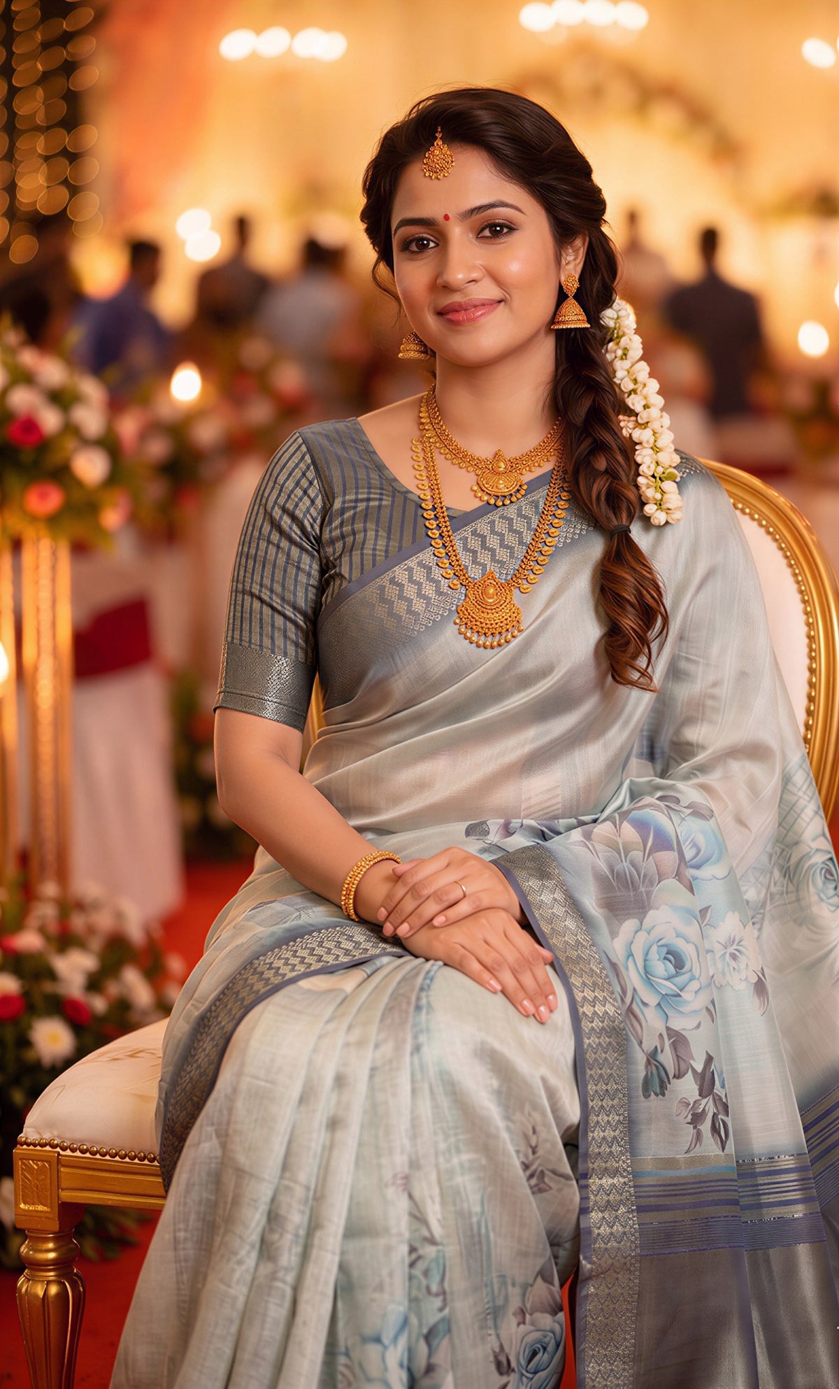 Premium Gray Soft Tissue Silk Saree with Floral Digital Prints
