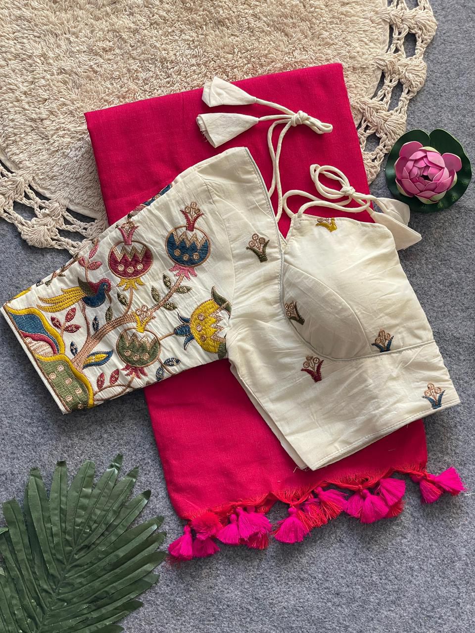 Dharma Exclusive - Pink Handloom Cotton Saree With Havy Embroidery Stitched Blouse