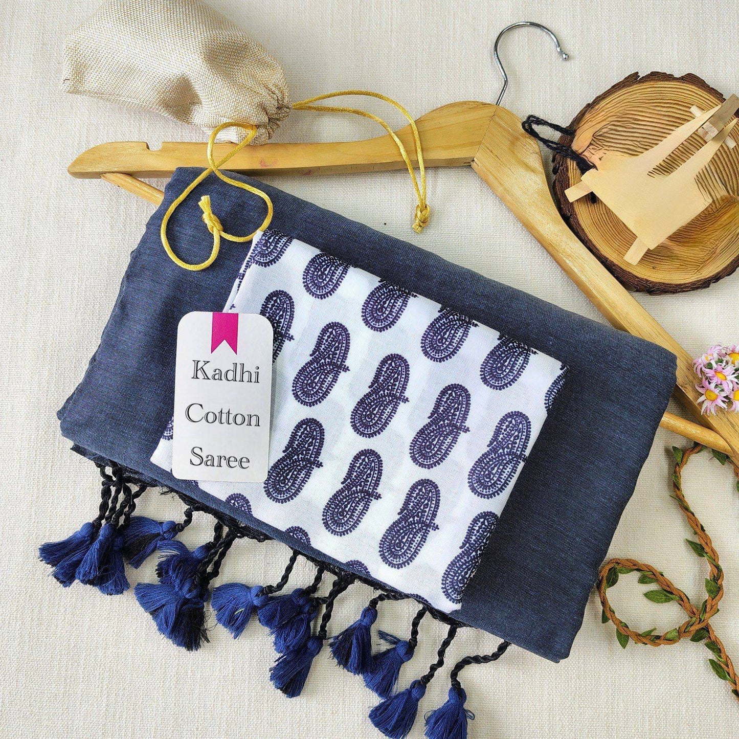 Dharma Exclusive - Gray Handloom Cotton Saree With Traditional Printed Blouse