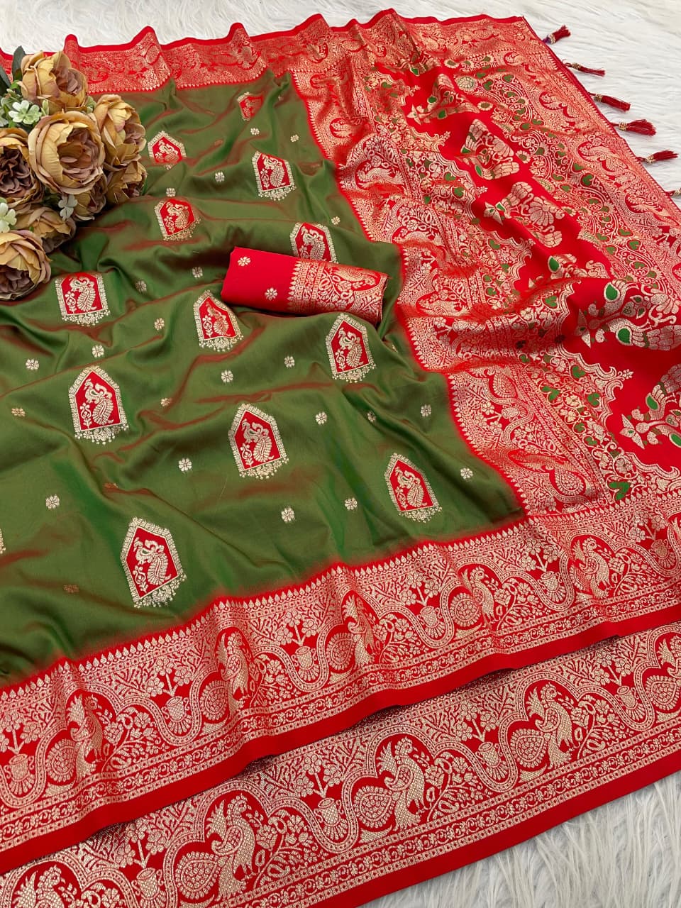 Designer Olive Green Silk Saree with Red Zari Border for Women