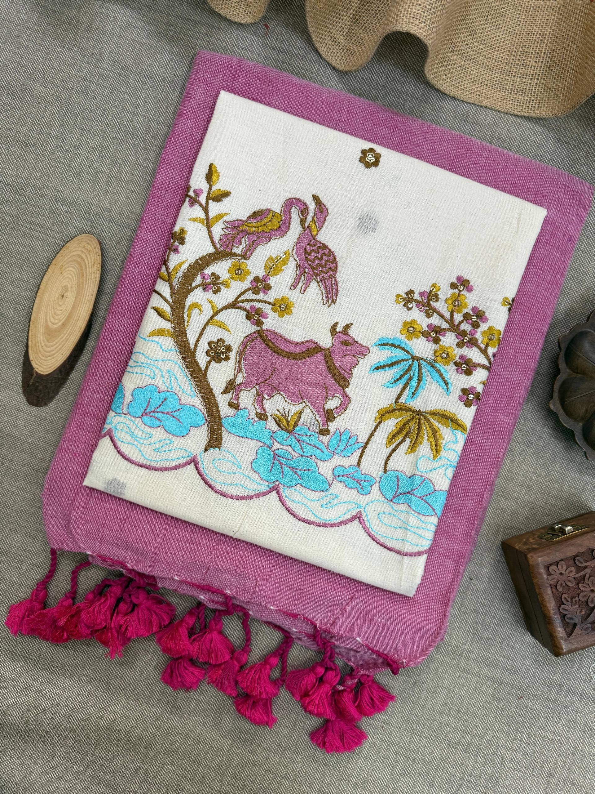 LIGHT PINK HANDLOOM COTTON SAREE WITH EMBROIDERY WORK BLOUSE