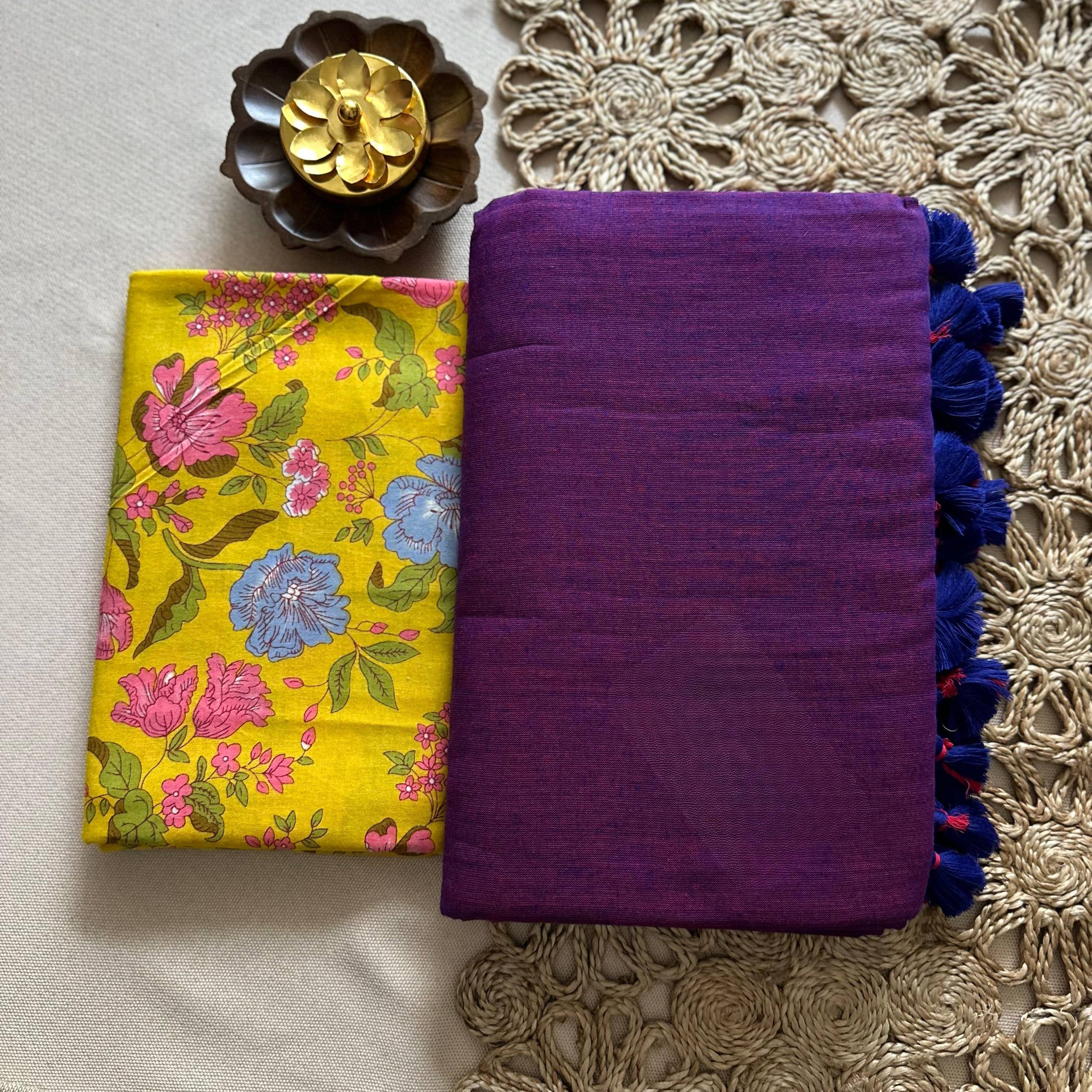 Dharma Exclusive - Lavender Handloom Cotton Saree With Traditional Printed Blouse
