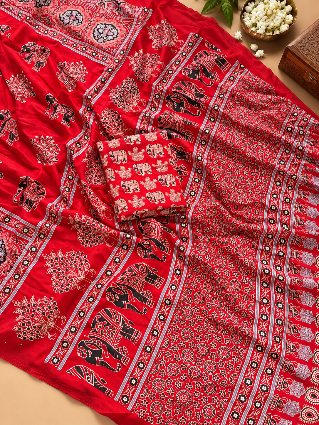 Tempting Red Gajji Silk Saree with Traditional Ajrakh Print