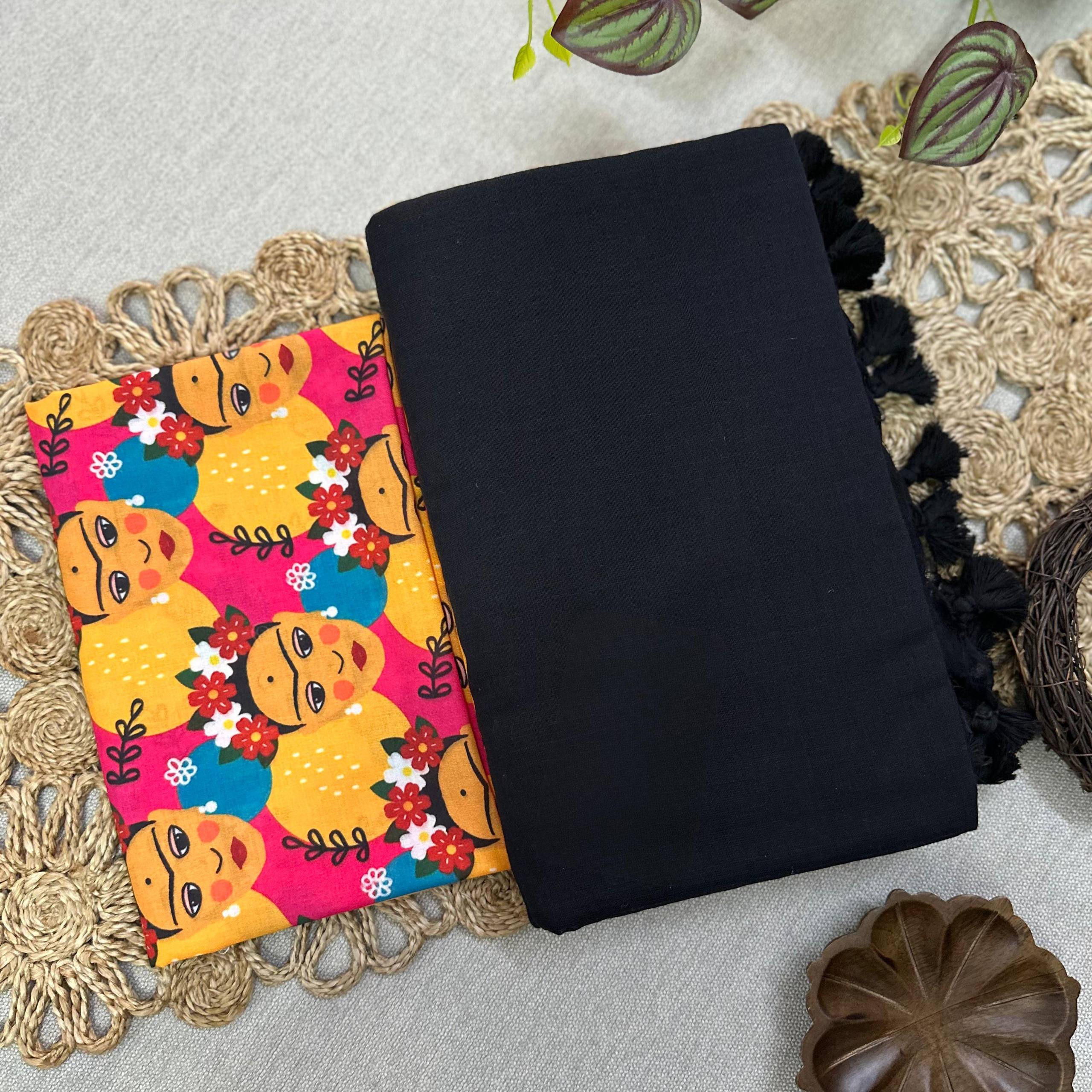 Beautiful - Black Handloom Cotton Saree With Printed Blouse