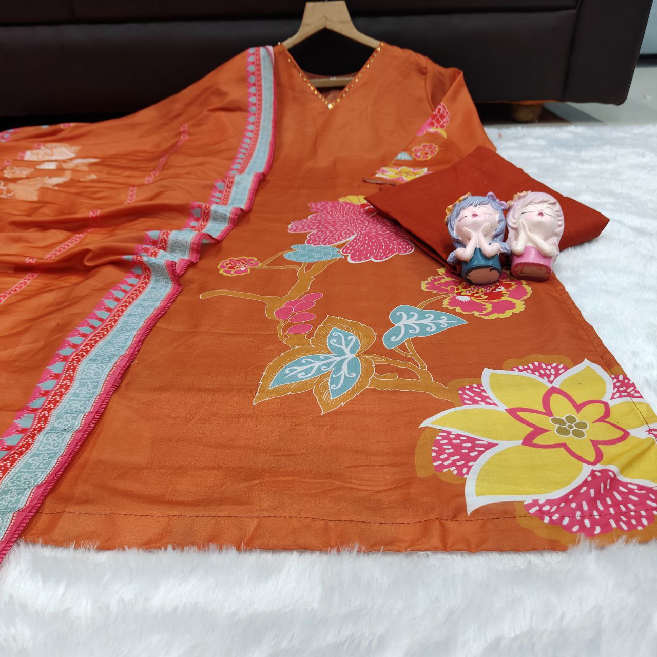 Designer Brown Soft Muslin Salwar Suit with Big Digital Floral Applique Print