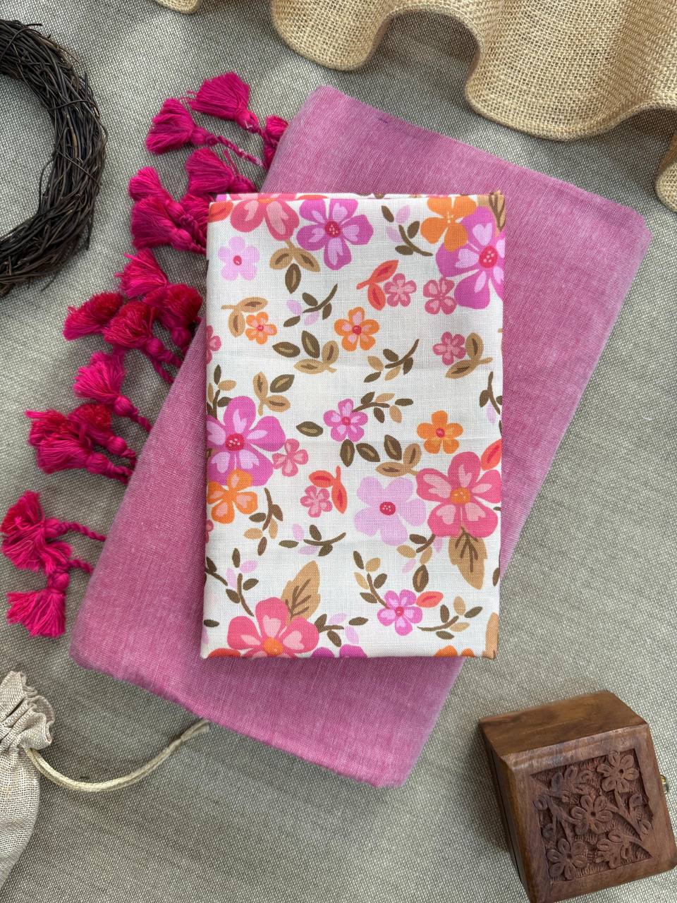 MAGIC - LIGHT PINK HANDLOOM COTTON SAREE WITH PRINTED BLOUSE