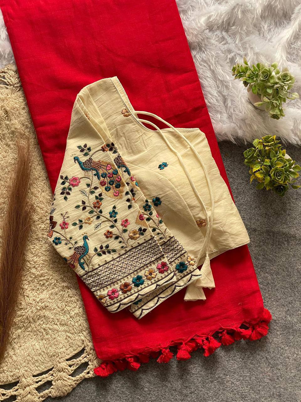 Red Handloom Cotton Saree With Havy Embroidery Stitched Blouse