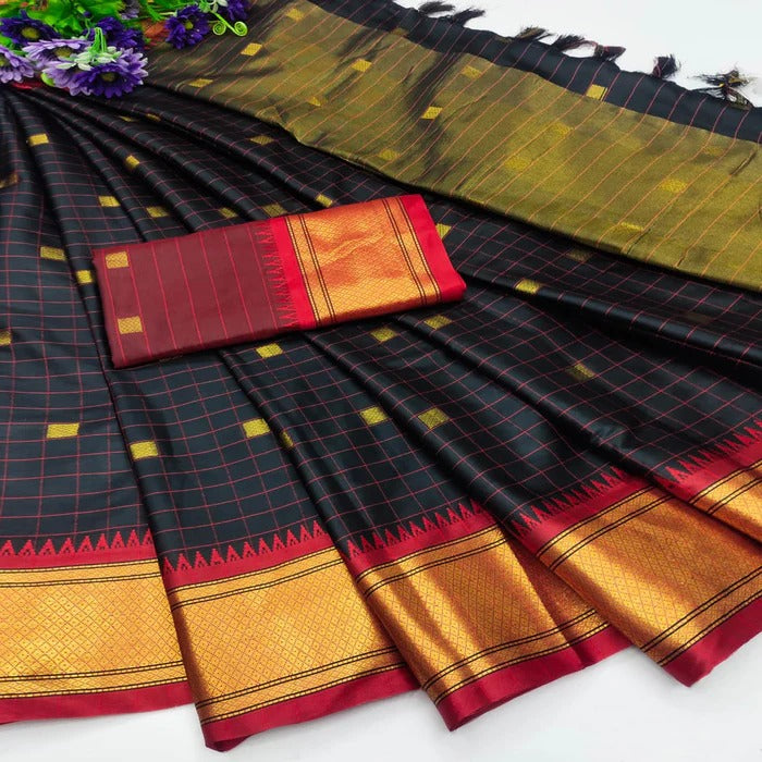 Exclusive Black & Red Chex Woven Cotton Silk Saree With Gold Zari Waving Work