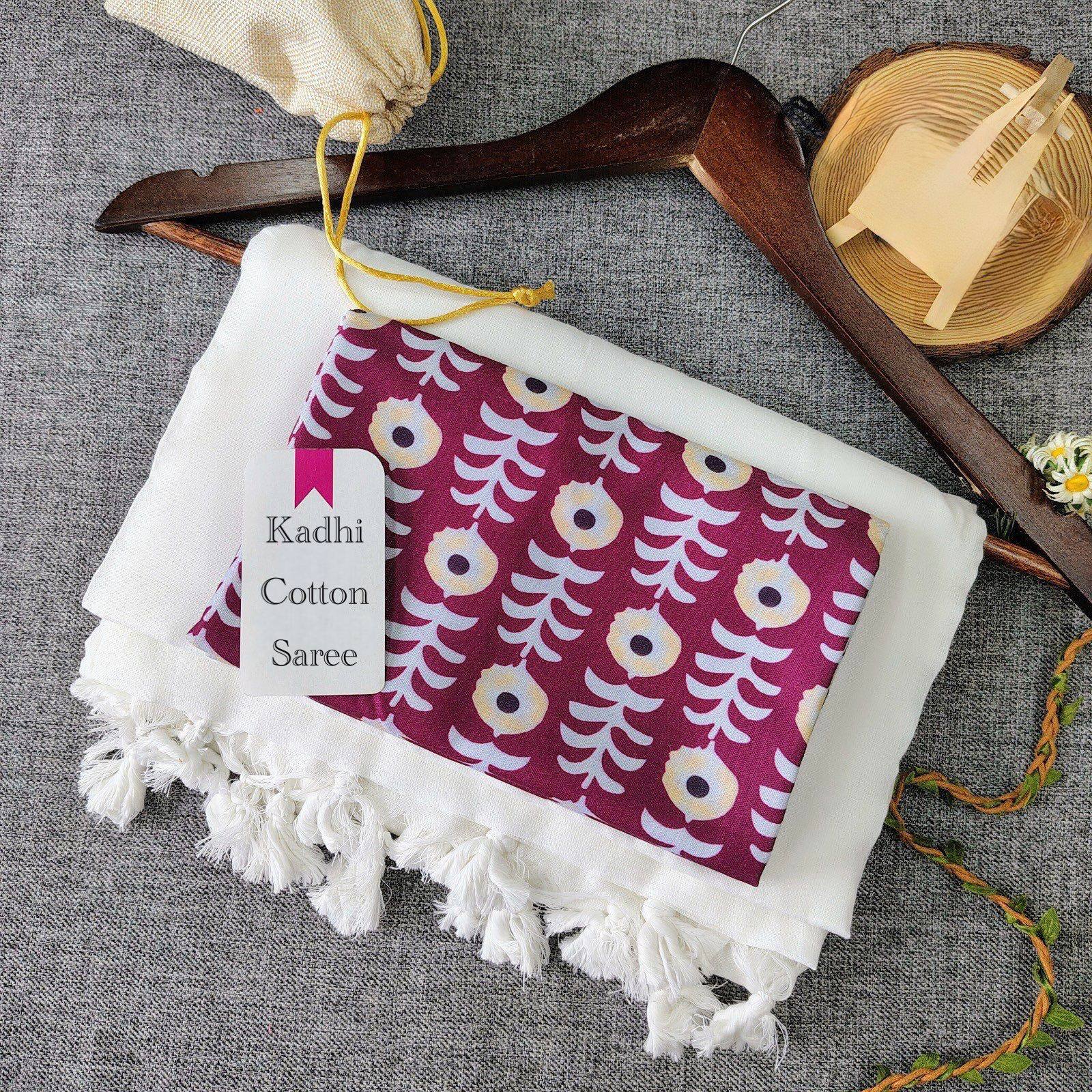 Dharma Exclusive - Off White Handloom Cotton Saree With Traditional Printed Blouse