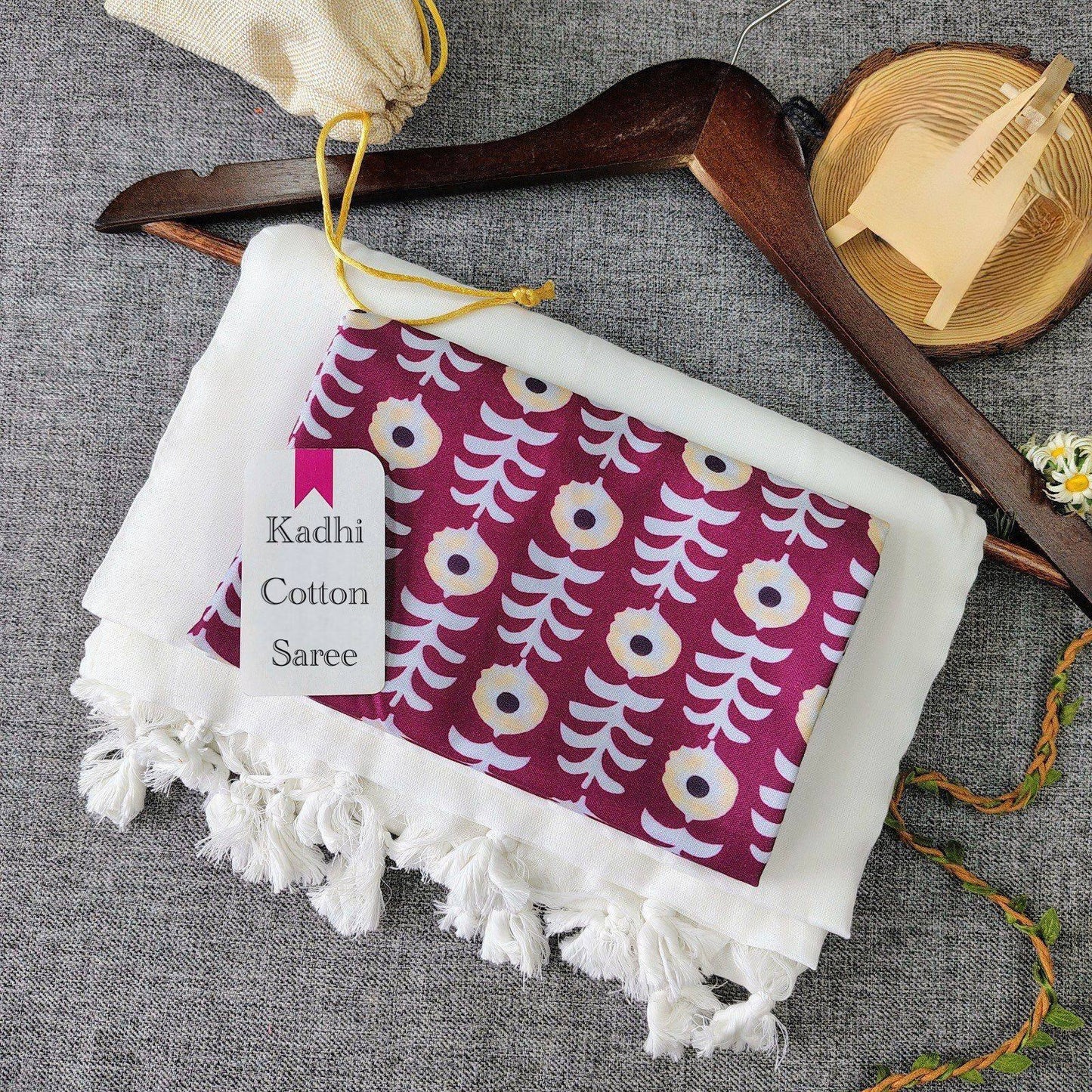 Dharma Exclusive - Off White Handloom Cotton Saree With Traditional Printed Blouse