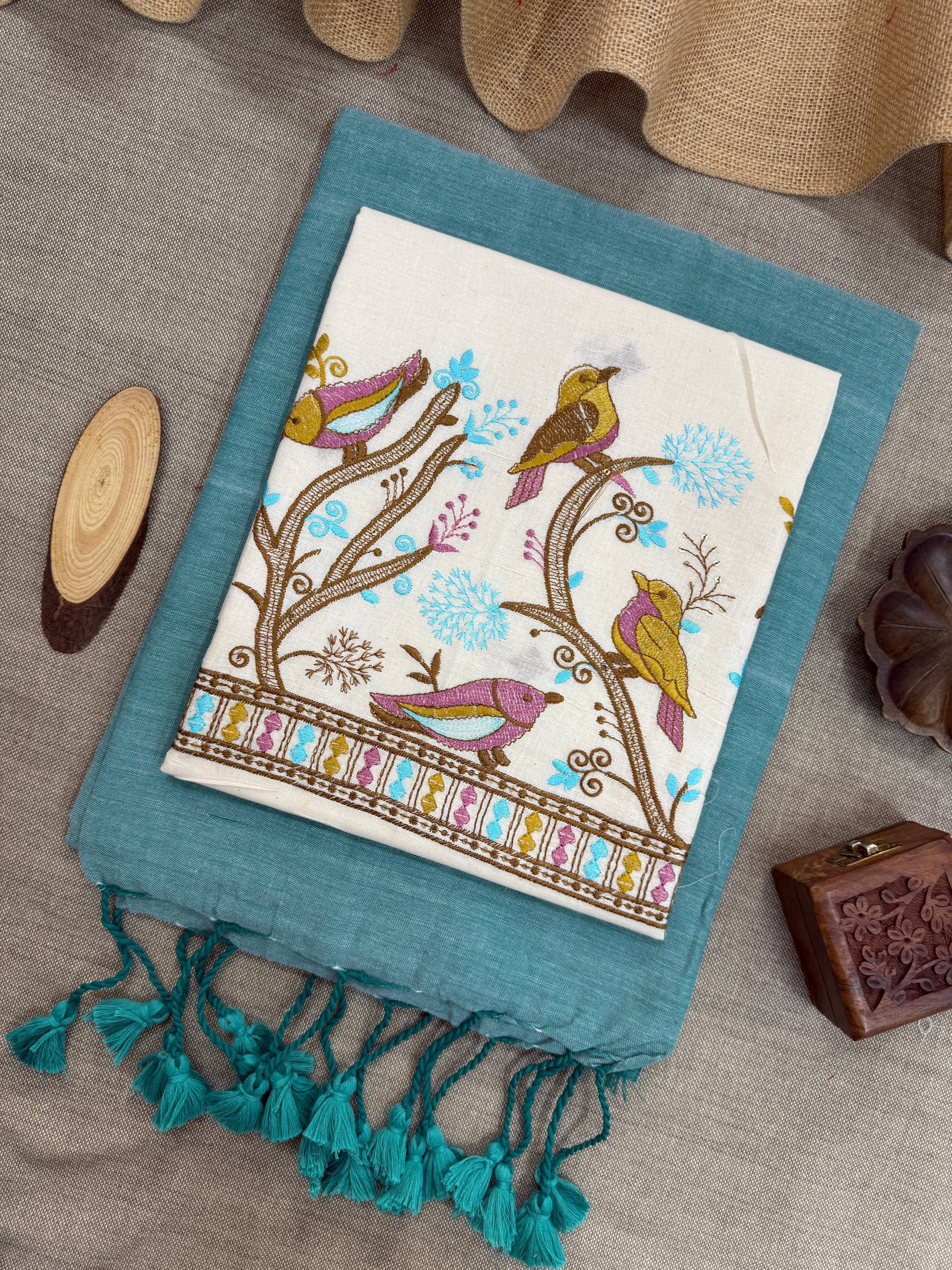 C GREEN HANDLOOM COTTON SAREE WITH EMBROIDERY WORK BLOUSE