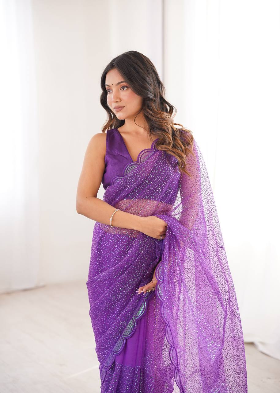 Designer Purple Thread Embroidered Heavy Soft Net Saree