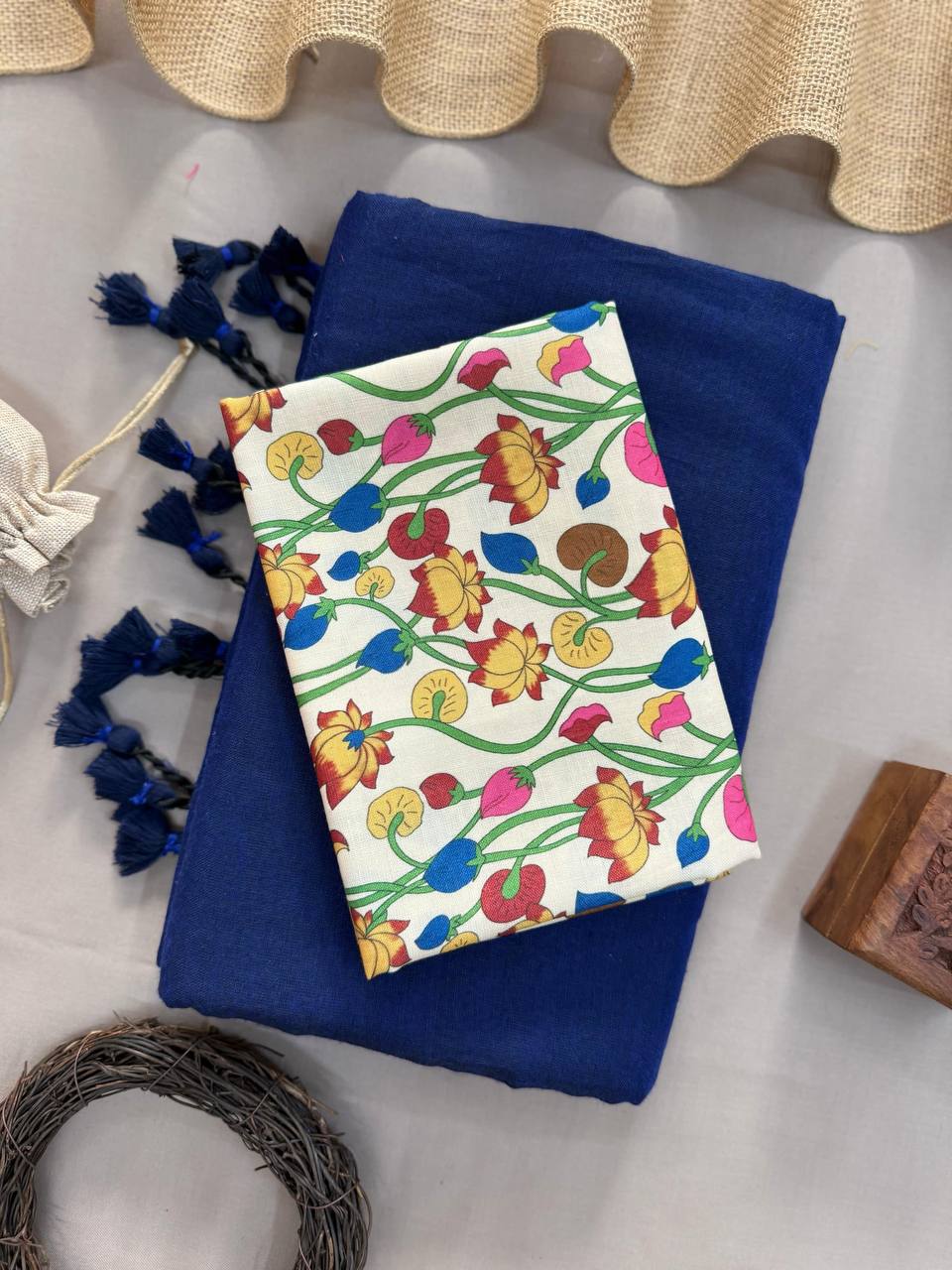 Attractive Blue Handloom Cotton Saree With Flower Printed Blouse