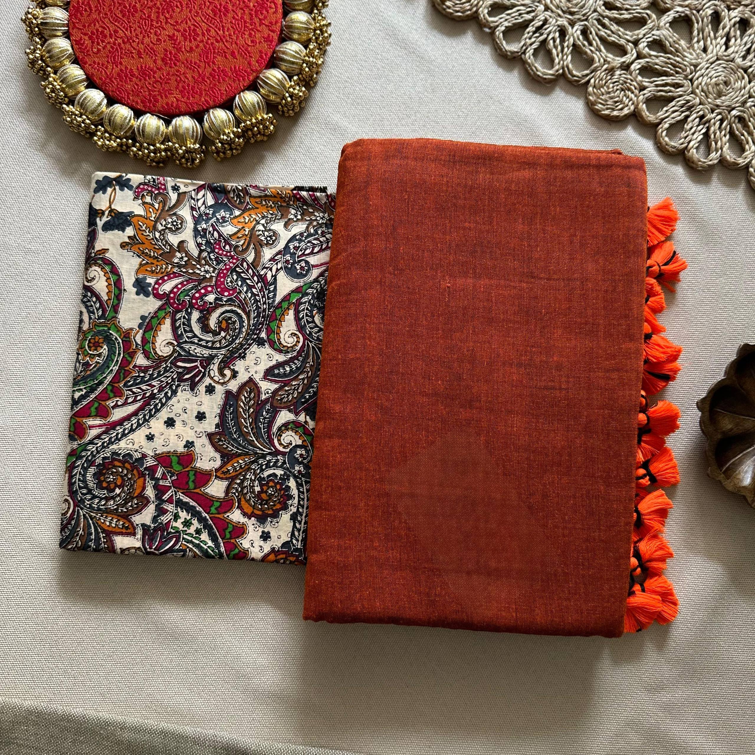 Awsome - Mustered Handloom Cotton Saree With Kalamkari Print Blouse