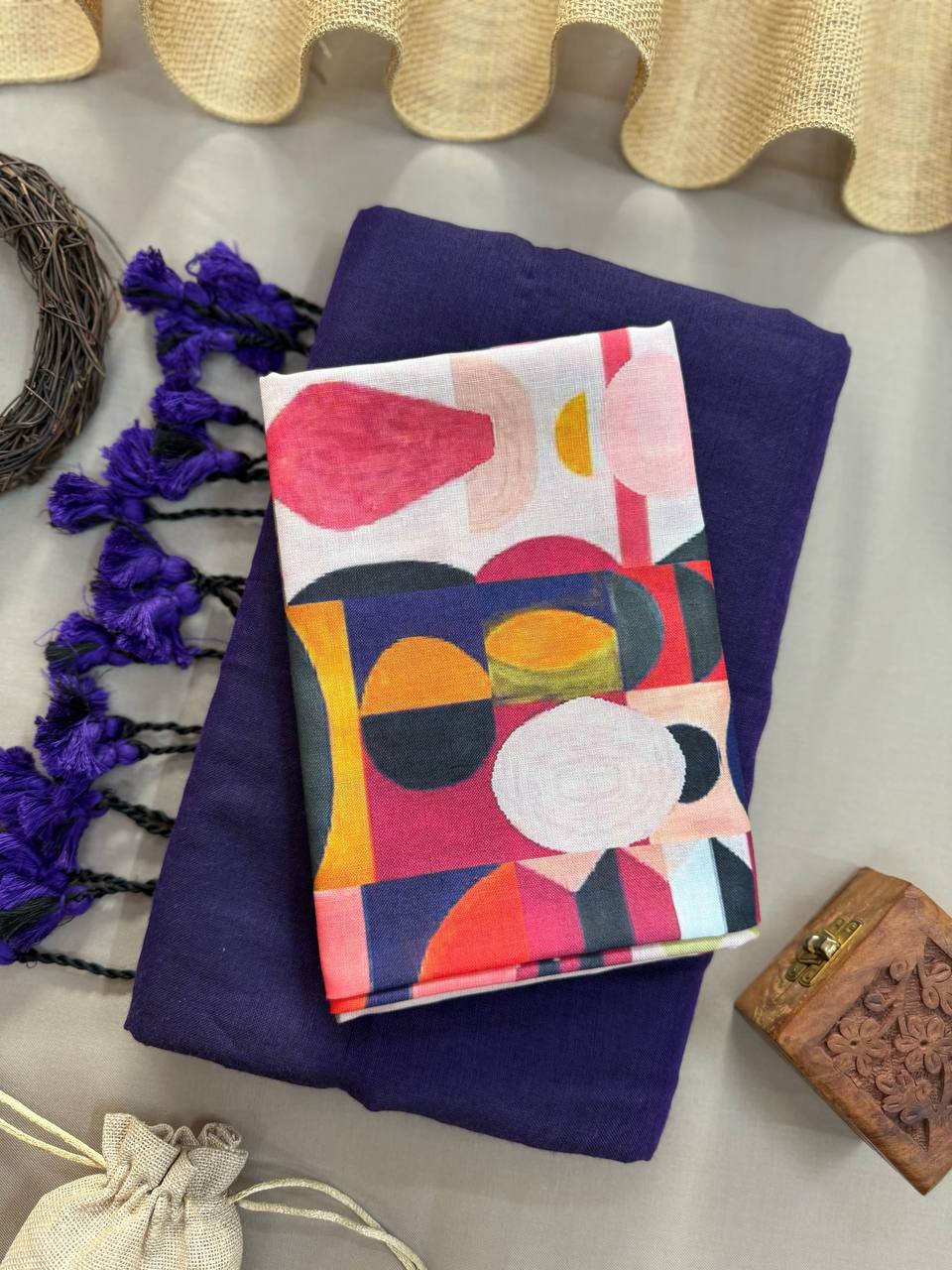 Pure Navy Blue Handloom Cotton Saree With Blue Tassels & Ikkat Printed Blouse